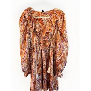 SHEIN Paisley Ruffle Dress Size M Orange Purple Western Long Sleeve